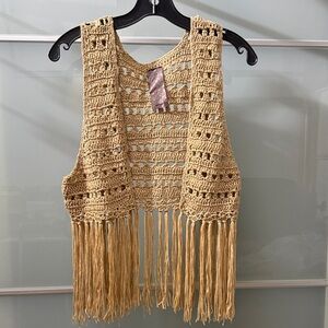 Crochet Fringe Vest in Tan